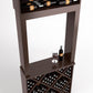 Dark wood wine tasting station with top bottle shelf, open frame, and diamond cubby rack