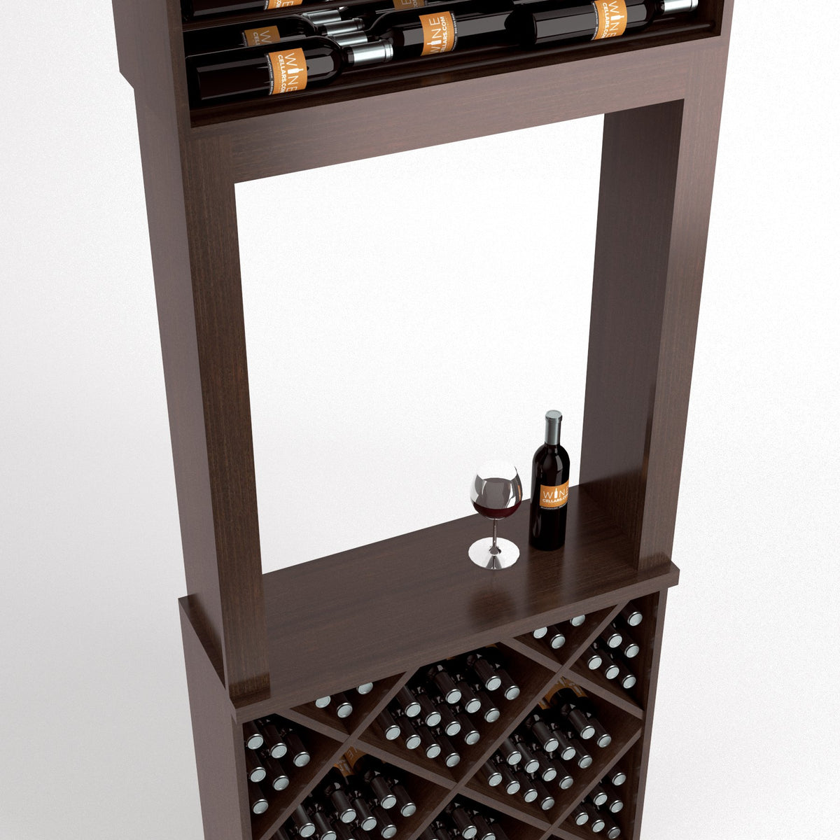 Dark wood wine tasting station with top bottle shelf, open frame, and diamond cubby rack
