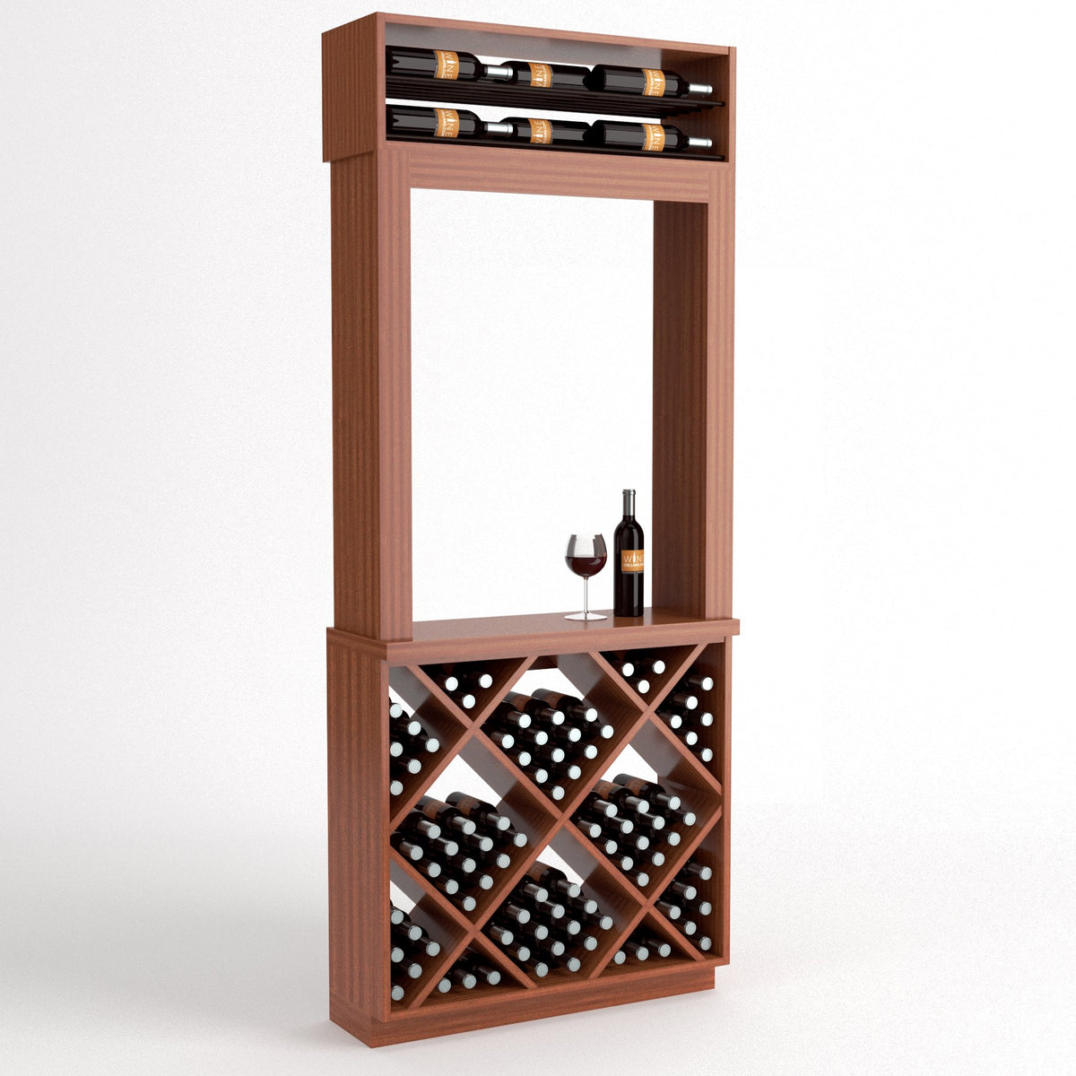 Light brown wood wine tasting station with top bottle rack, front serving shelf, and diamond cubbies