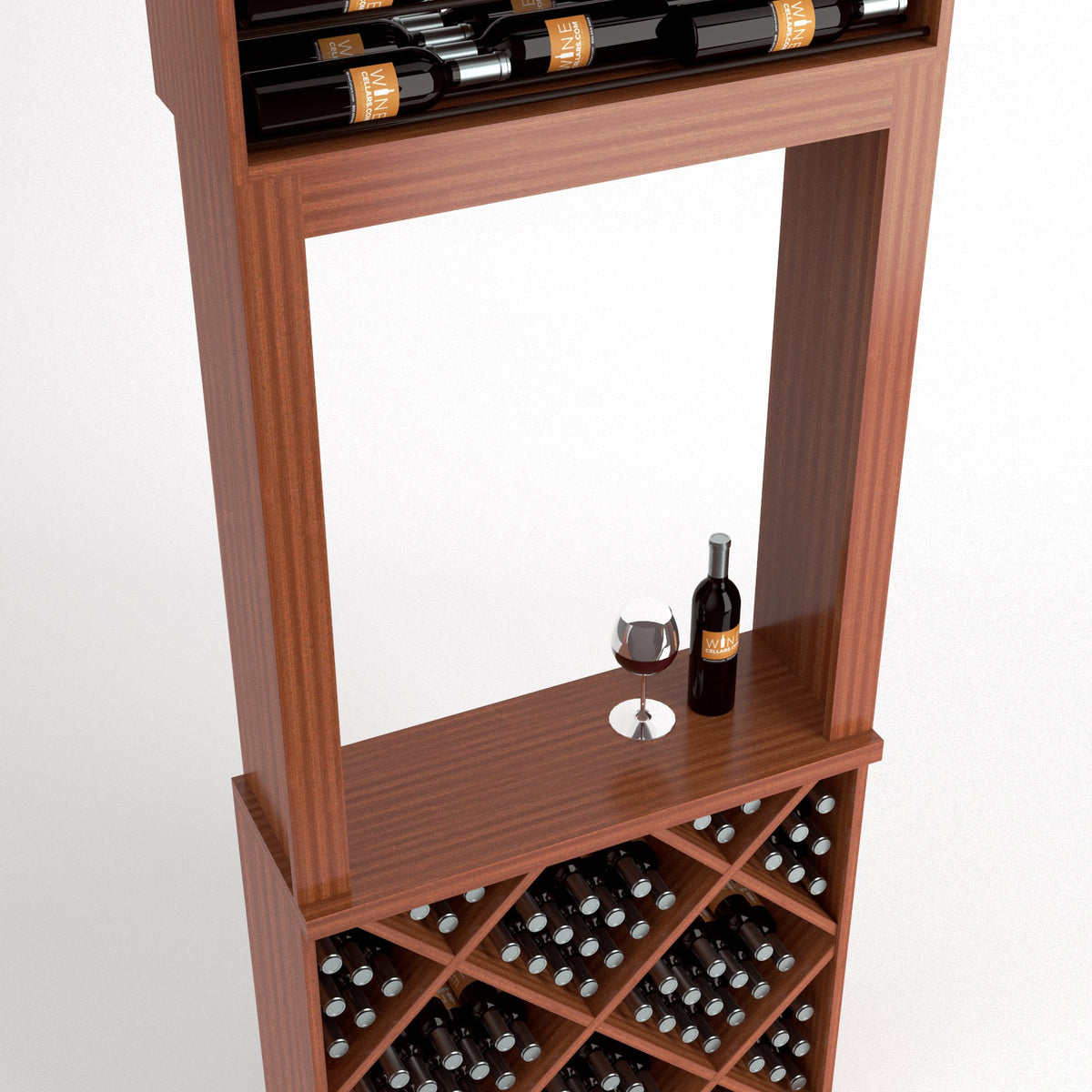 Light brown wine tasting station with top bottle rack, serving ledge, and diamond cube wine cubbies