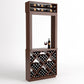Light brown wine tasting station with bottle rack on top, open center shelf, and diamond wine storage