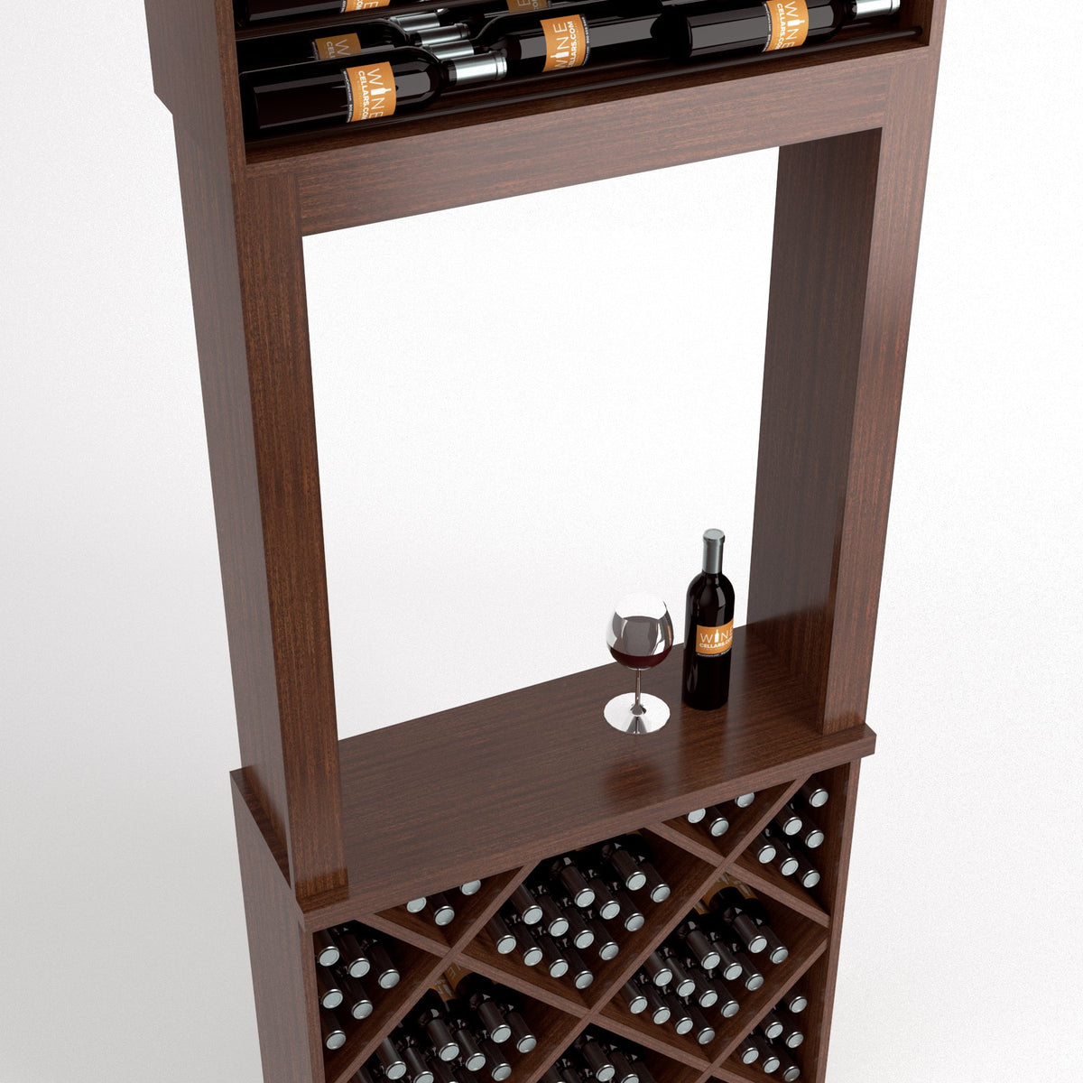 Wood wine tasting station with diamond-cube wine cubbies and bottle-and-glass bar