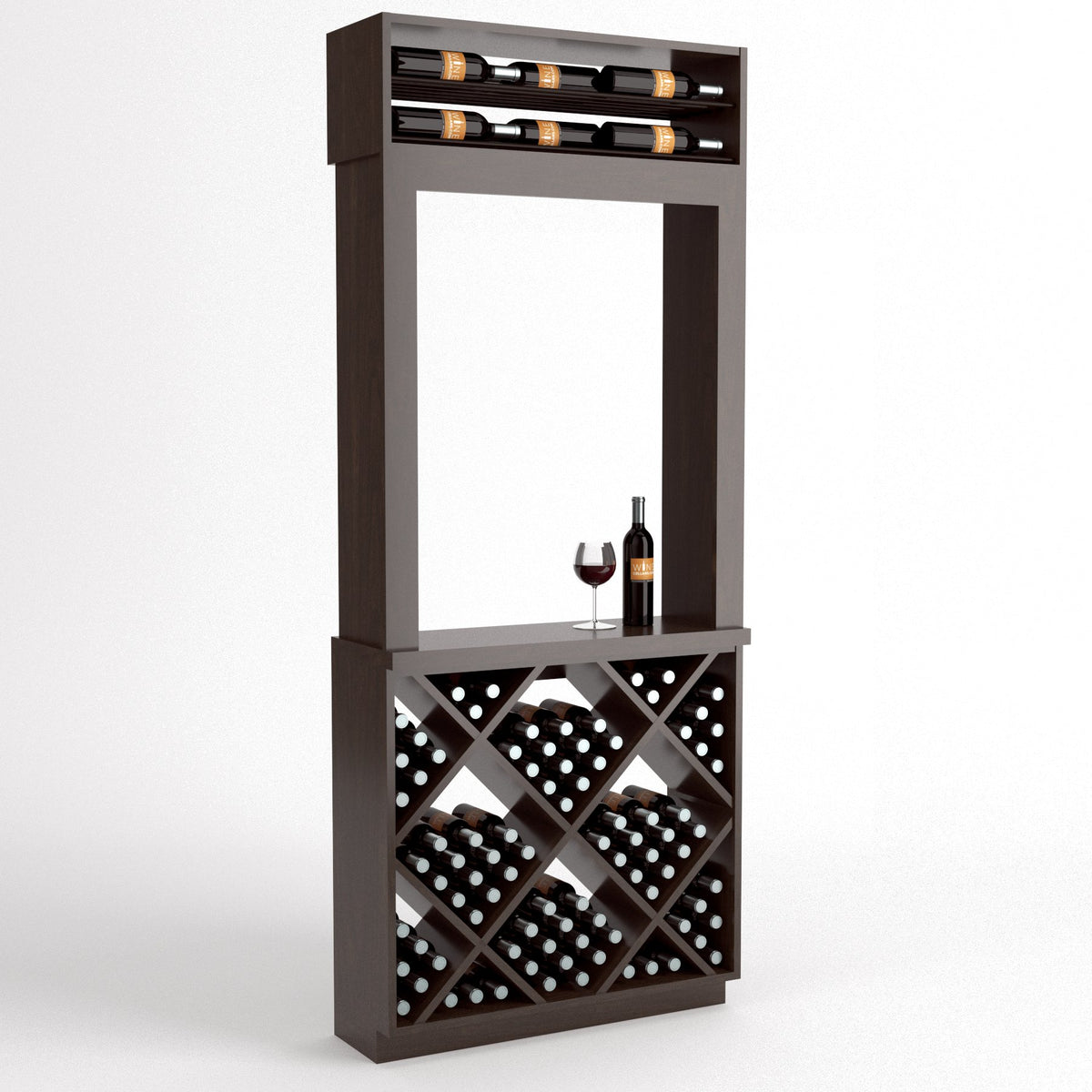 Dark wood wine tasting station with diamond bottle cubbies and top bottle row