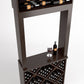 Dark brown wine tasting station with open center shelf, bottle display, and diamond wine cubbies