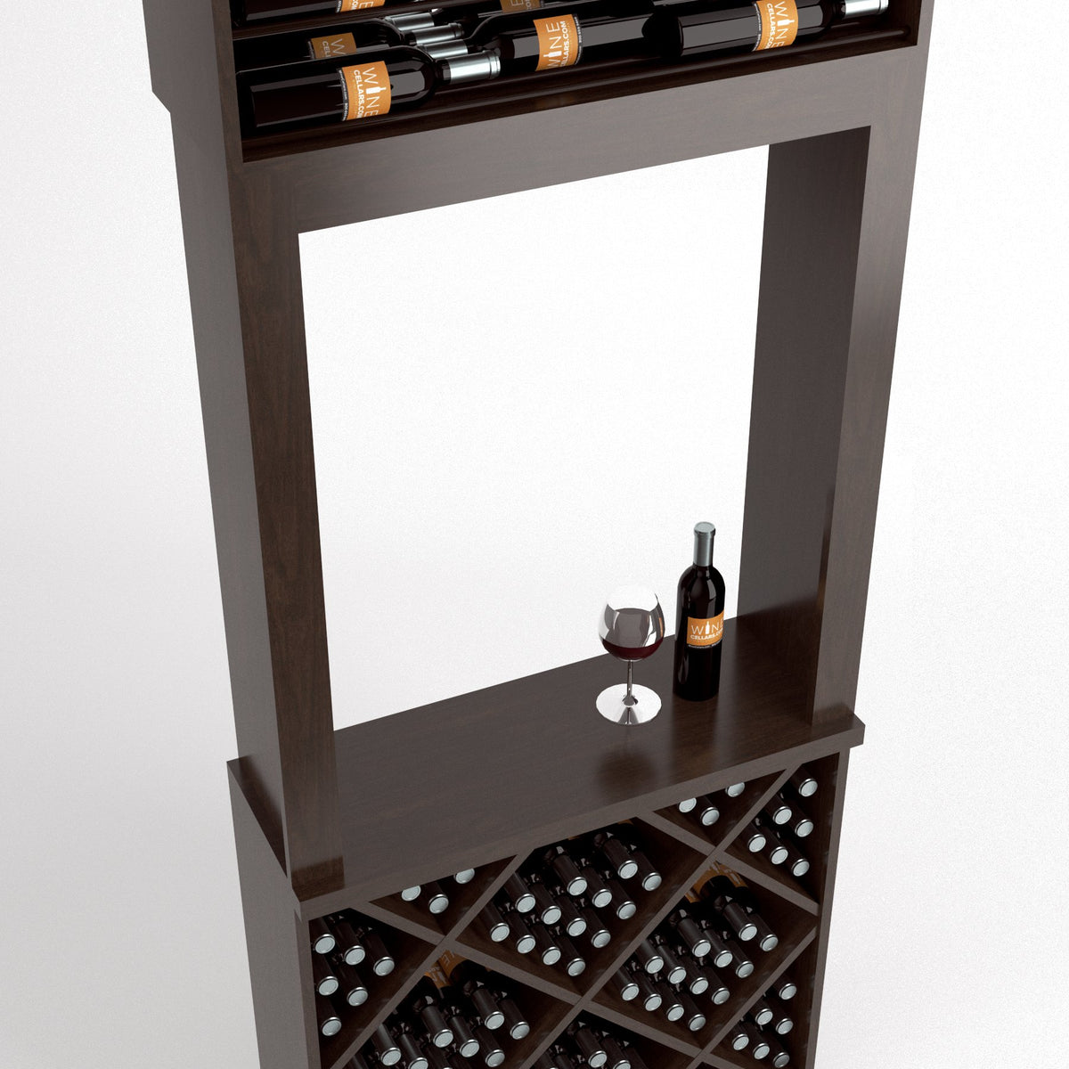 Dark brown wine tasting station with open center shelf, bottle display, and diamond wine cubbies