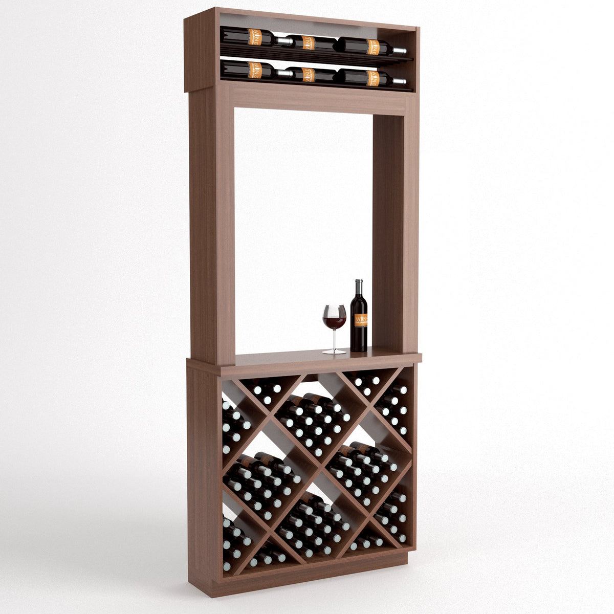 Medium brown wood wine tasting station with top wine rack, open display area, and diamond cube storage