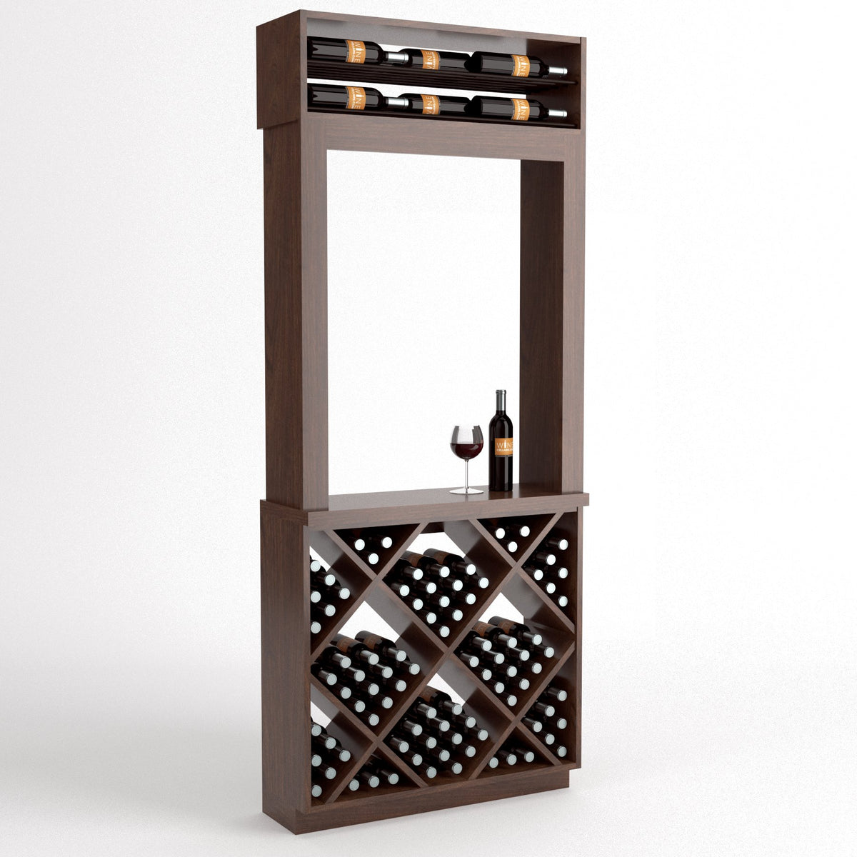Dark brown wine tasting station with top wine rack, serving shelf, and diamond-pattern wine storage