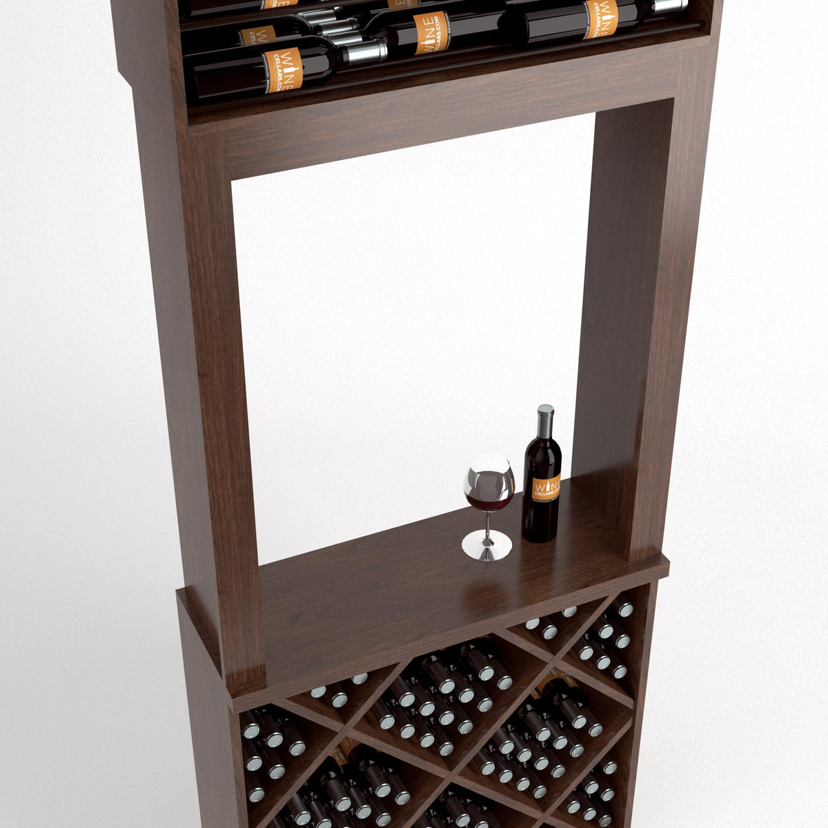 Light brown wine tasting station with side bottle display, serving shelf, and diamond-pattern cubbies