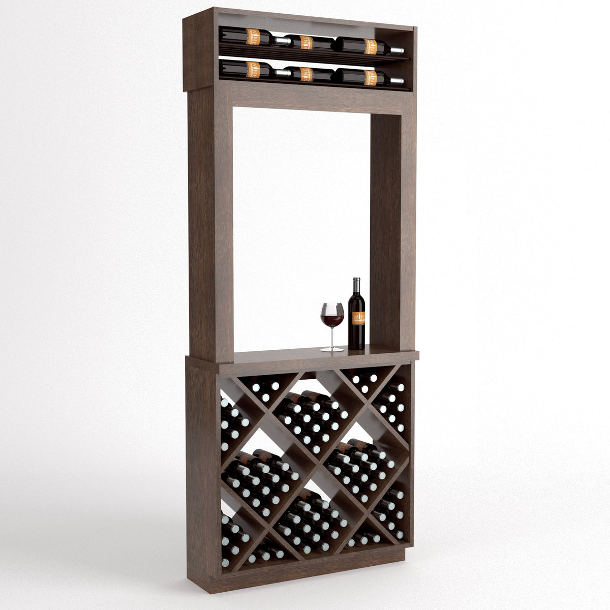 Dark brown wood wine tasting station with top bottle rack, serving shelf, and diamond cube wine storage