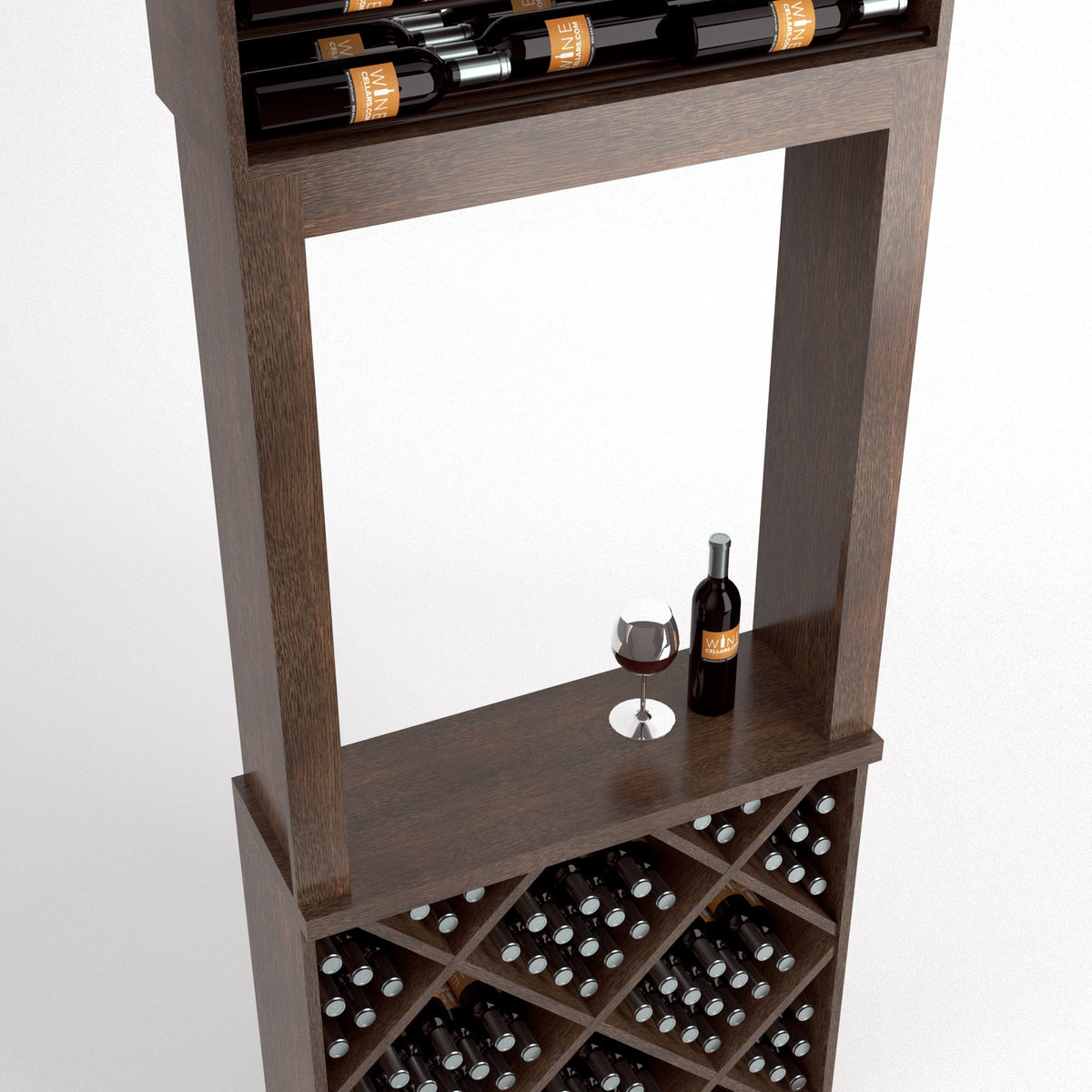 Wood wine tasting station with top bottle shelf and diamond-cube bottle storage