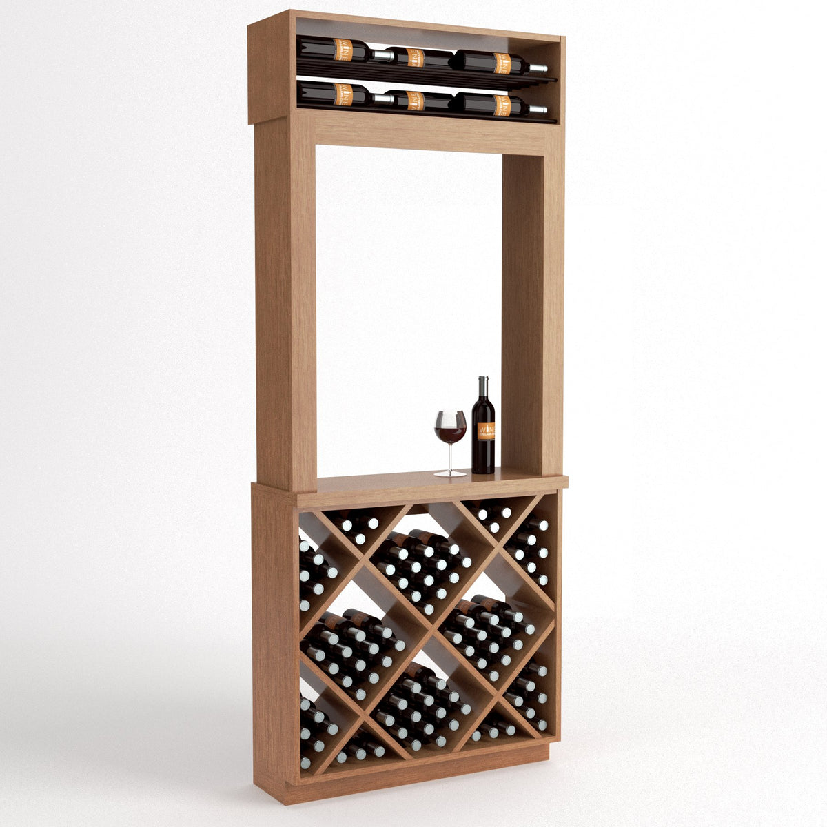 Medium brown wood wine tasting station with serving shelf, top bottle rack, and diamond cube cubbies