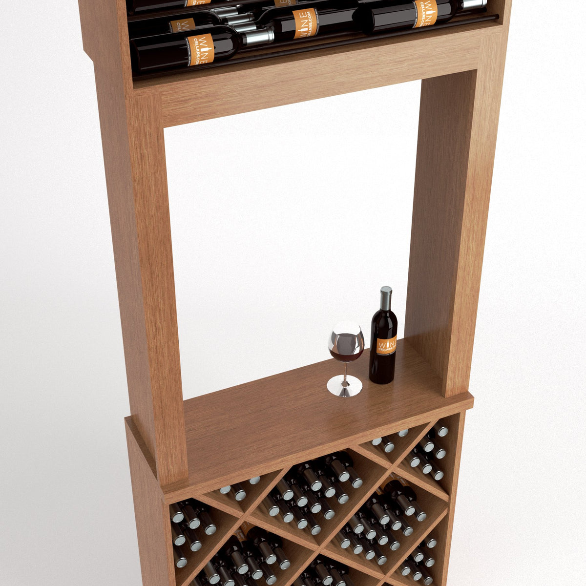 Wood wine tasting station with diamond-cube bottle rack, top shelf, bar tray