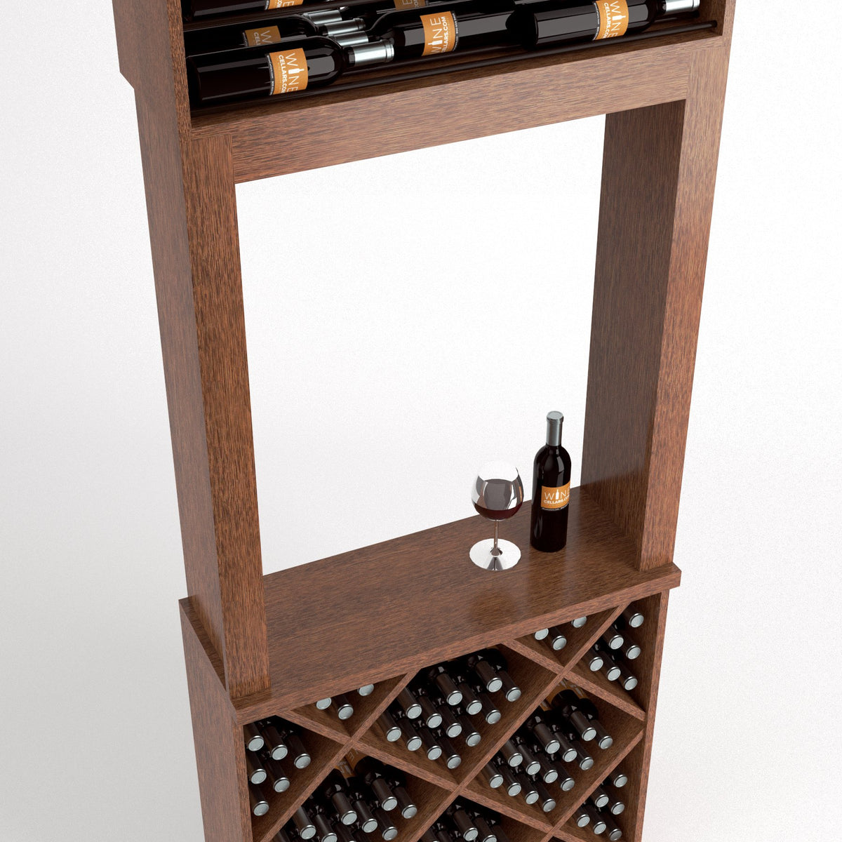 Wood wine tasting station with diamond-cube bottle rack and countertop wine display