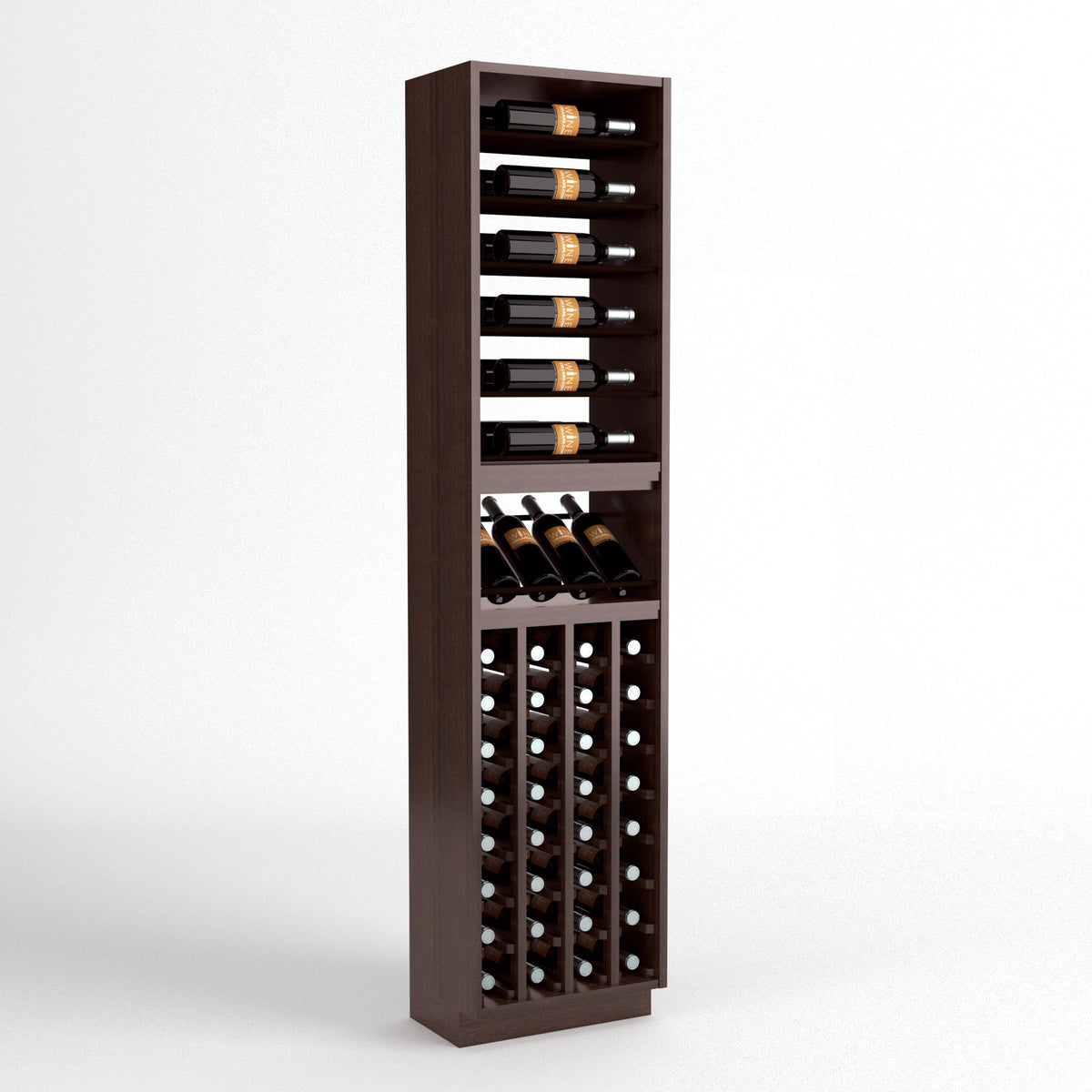 Tall dark wood wine rack column with bottle rails, wine cubbies, and corked bottle storage