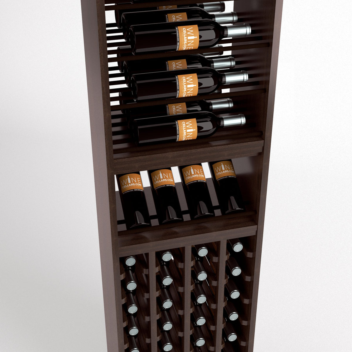 Wood wine display rack with black bottle rails, lower wine bottle cubbies, and storage compartments