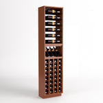 Tall wood wine rack cabinet with top bottle rows, wine glass racks, and cellar cubbies
