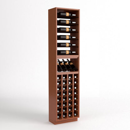 Tall wood wine rack cabinet with top bottle rows, wine glass racks, and cellar cubbies