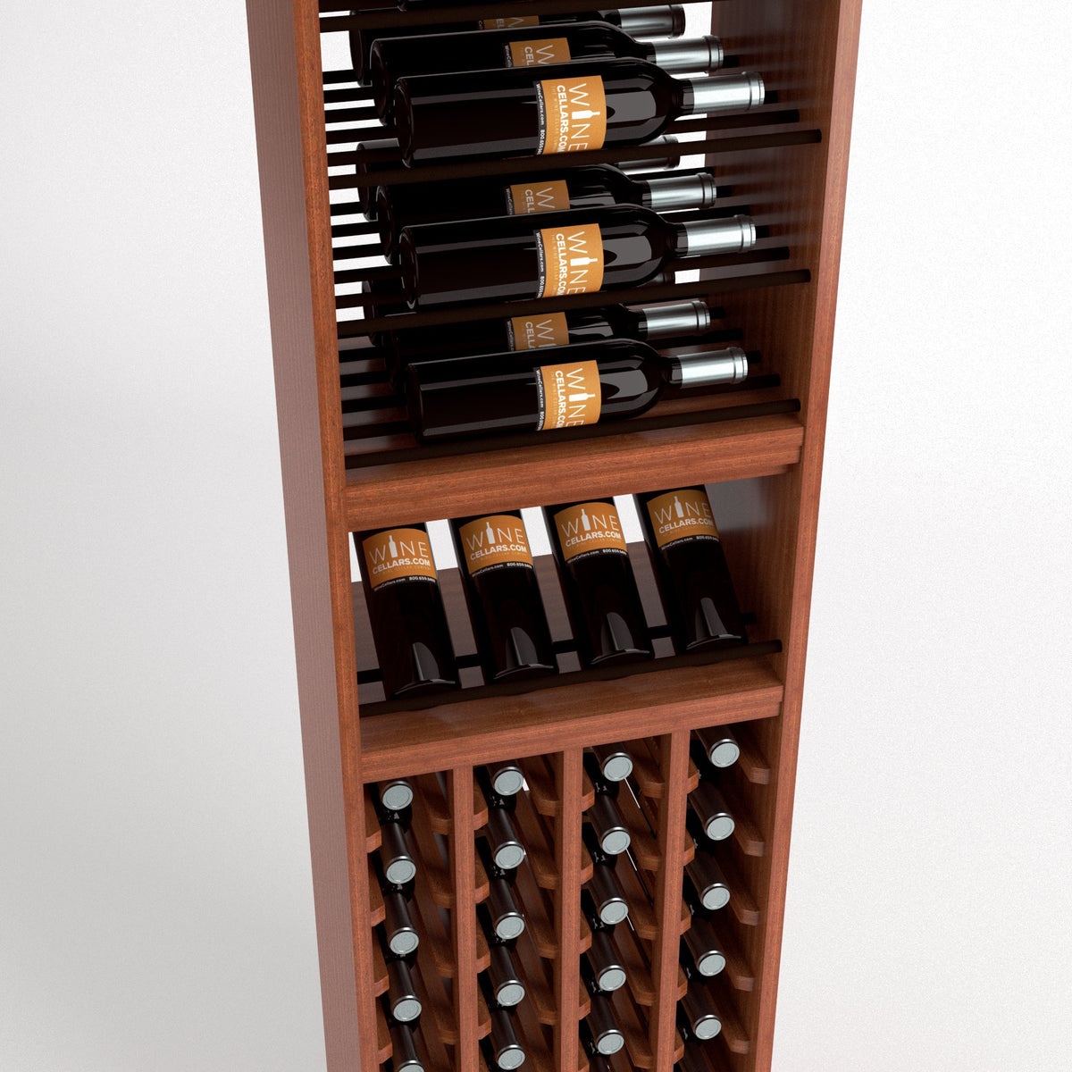 Wood wine rack cabinet with slotted top bottle holders, shelf display, and cube bottle storage