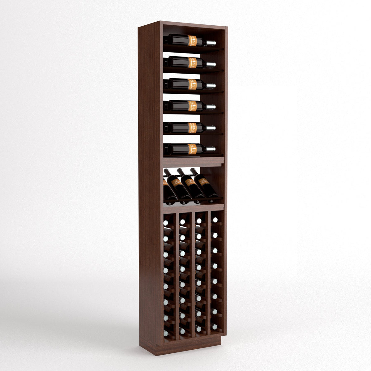 Tall wood wine rack cabinet with top bottle rails, glass tray, and front cellar bottle rows