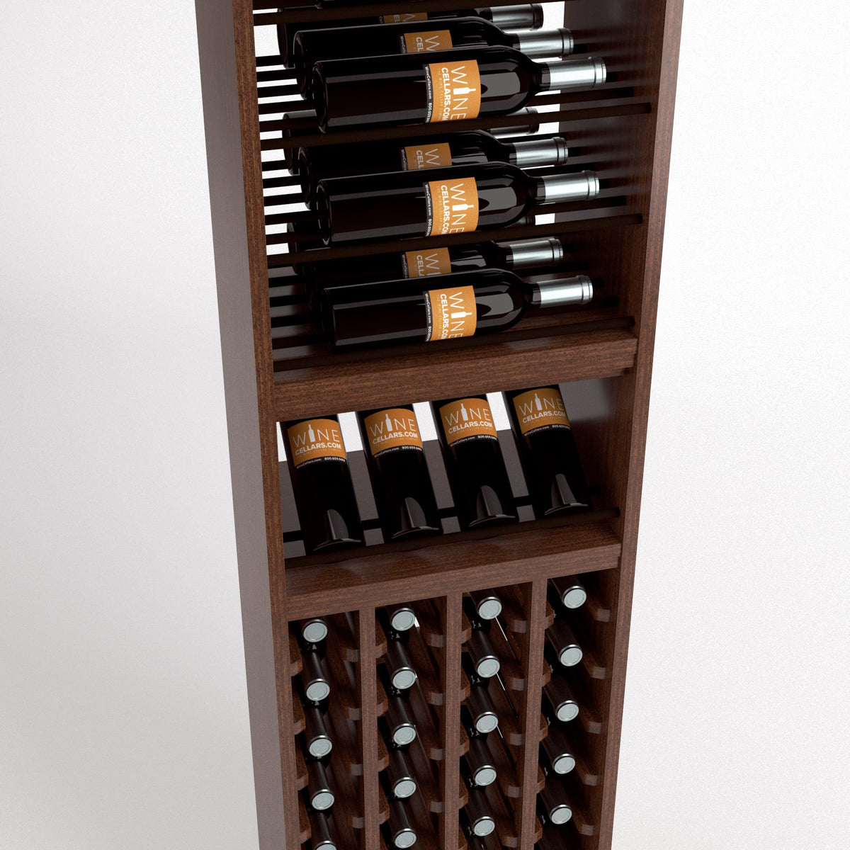 Wood wine rack cabinet close-up with slanted bottle slots, shelf display, and cube cellar