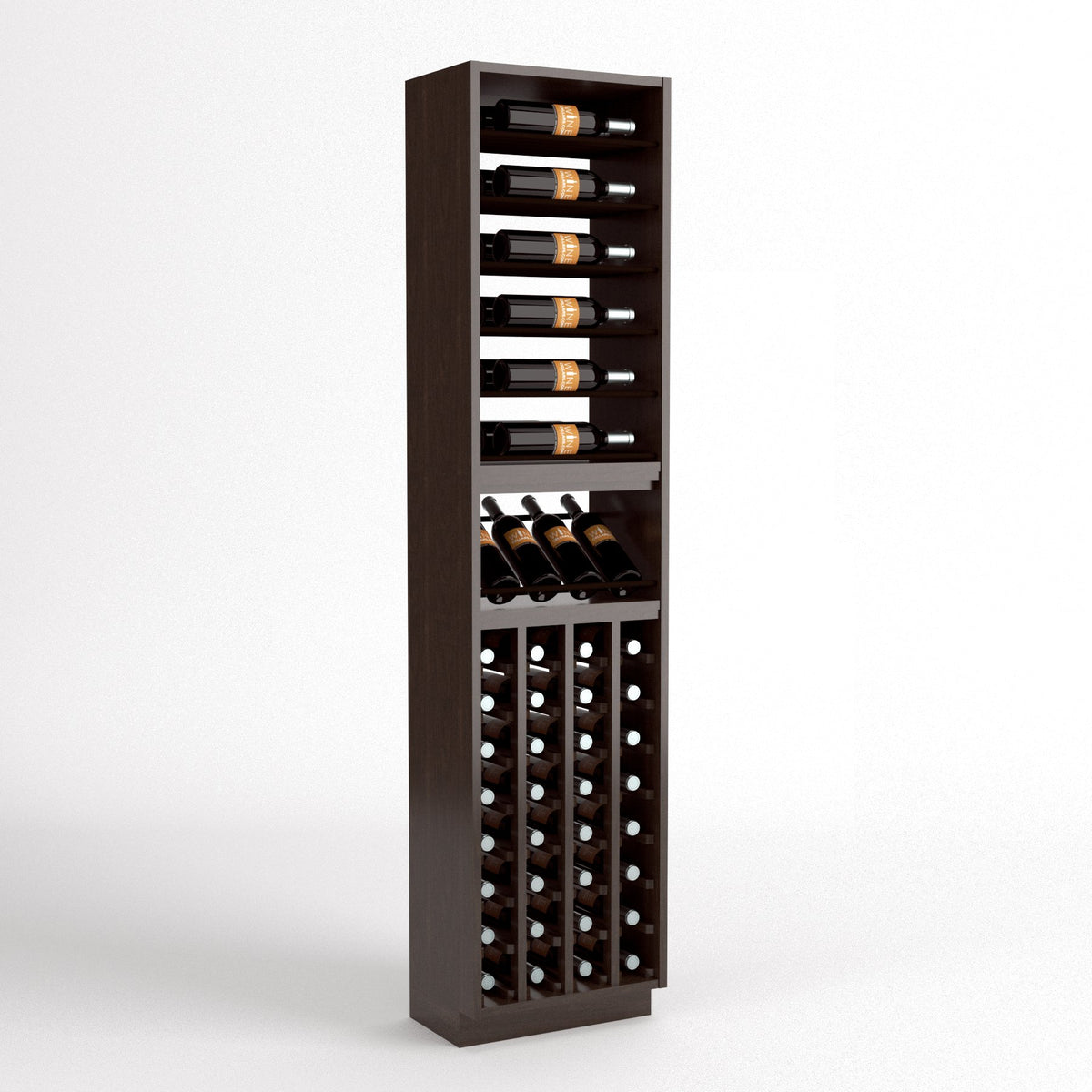 Tall wood wine rack with top bottle rows, black divider for bottles, and bottom cellar compartments
