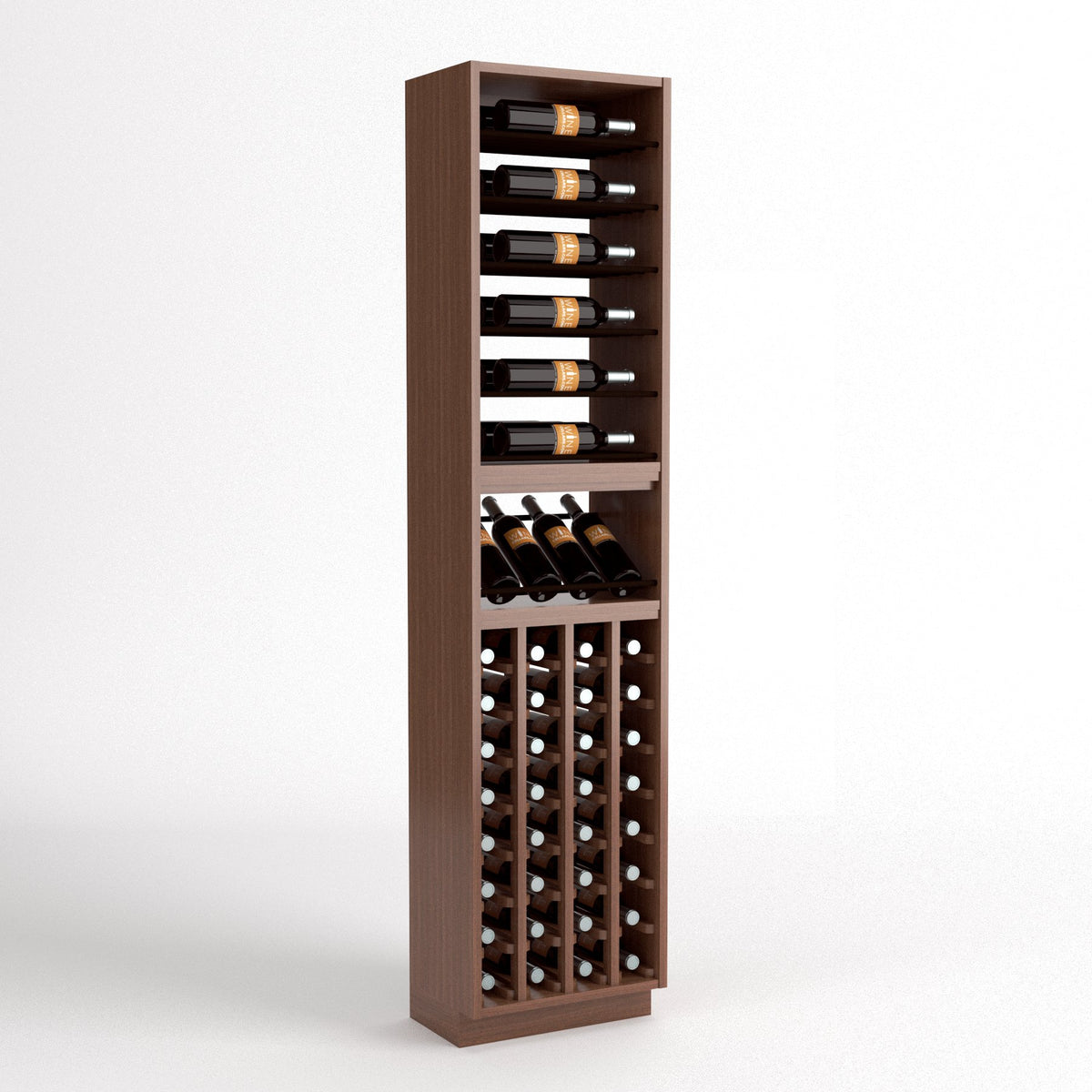 Tall wood wine rack cabinet with bottle rails at top, wine glass slots, and front cellar grid