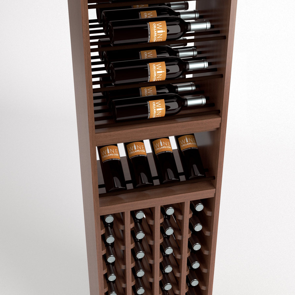 Wood wine rack cabinet with slotted top wine bottle cradles, shelf bottles, and bottle cubbies
