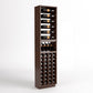 Tall wood wine rack with top bottle rails, black bottle tray, and bottom cellar bottle columns