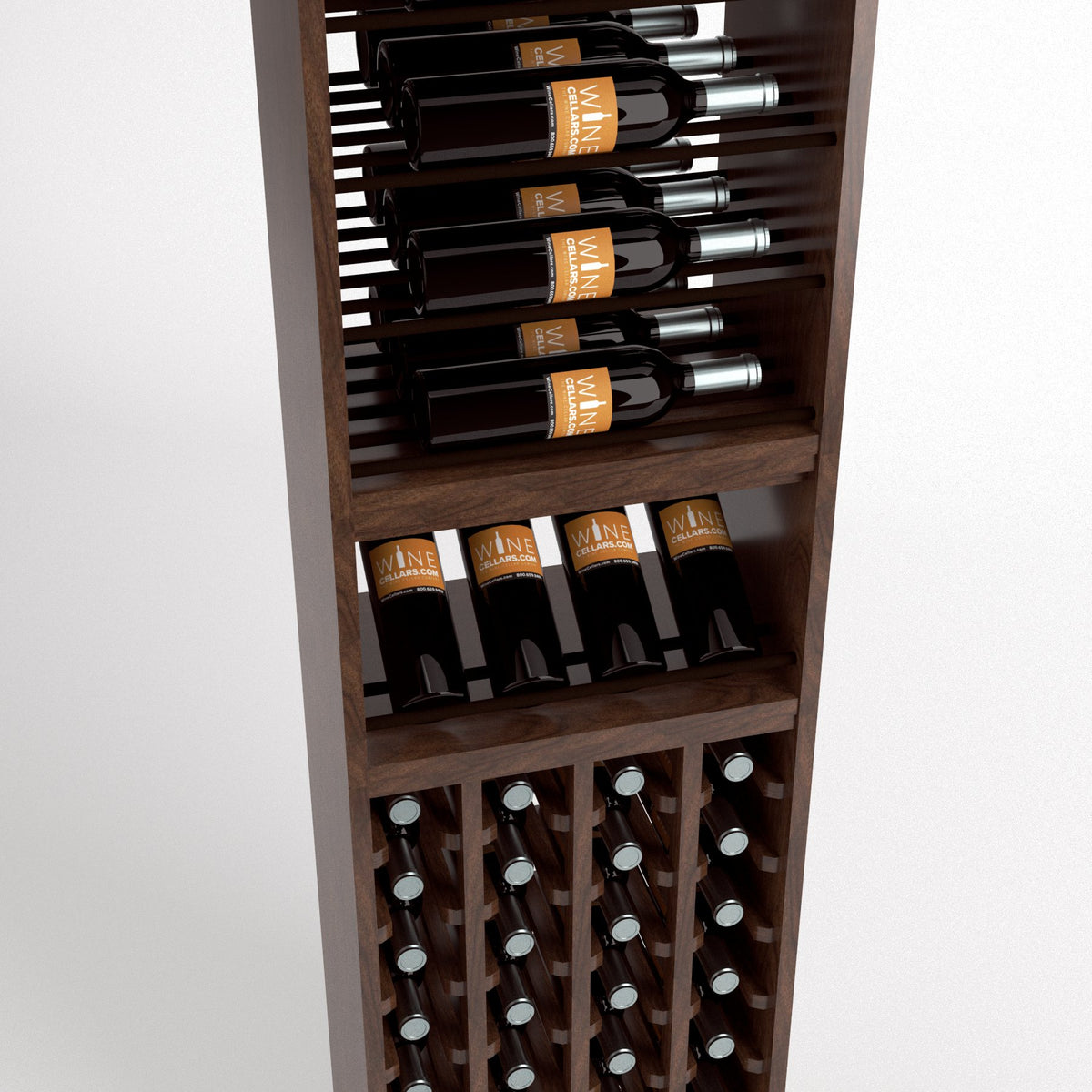 Wood wine rack cabinet with slanted top bottle holders, shelf display, and bottom cube bottle storage