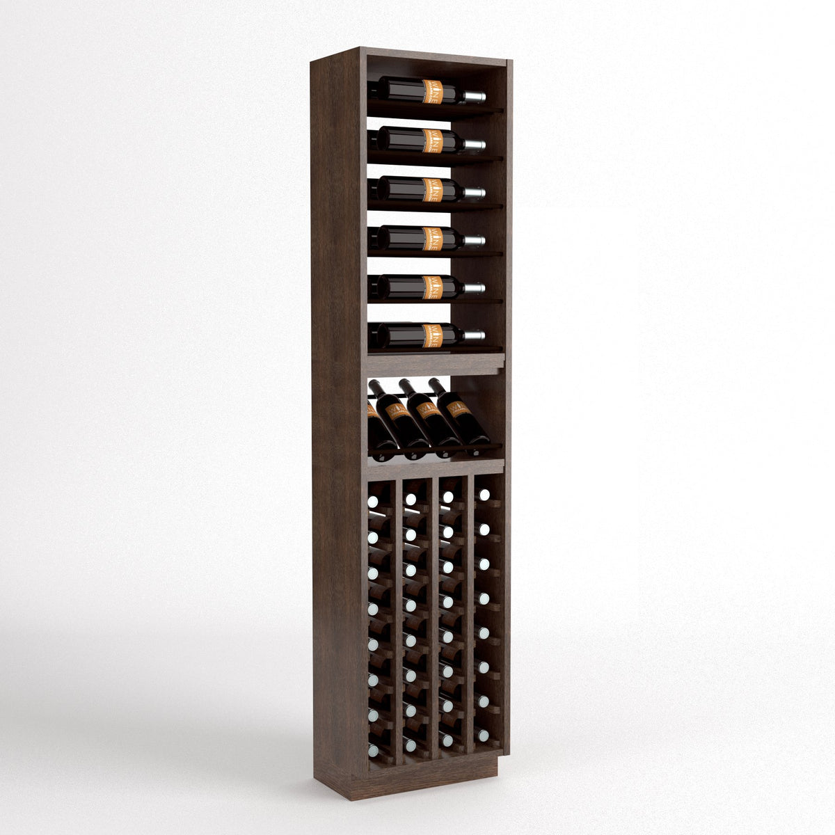 Wine storage rack with 4 columns: bottle shelf, hex holders, and wine bottle cubby rows