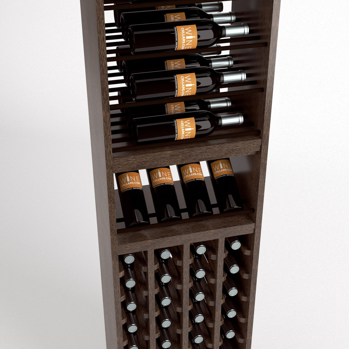 Wood wine rack interior with wine bottle row rails, wine cubbies, and cork bottle holders
