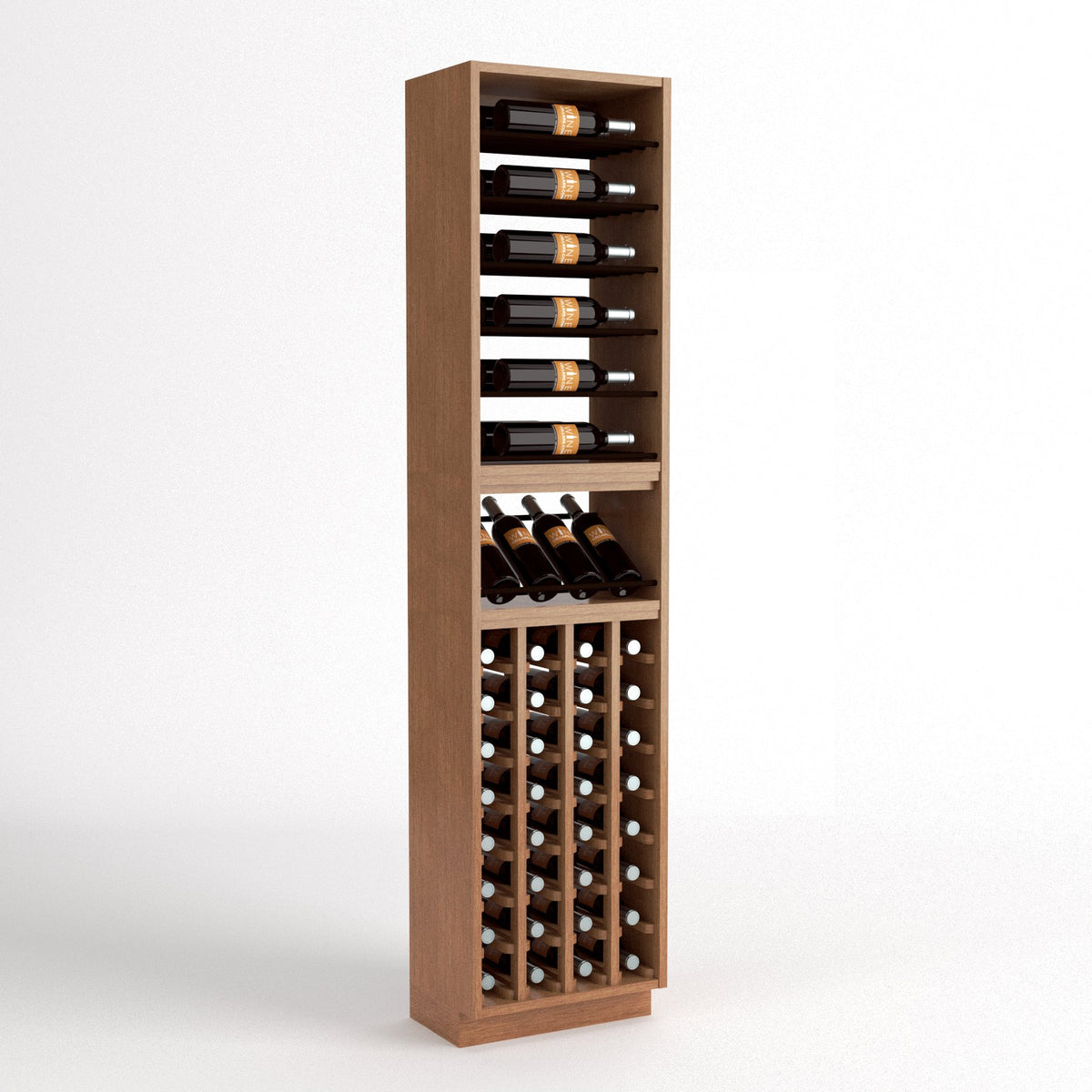 Tall wine storage display rack with 4 columns, bottle shelves, and cork cubby openings