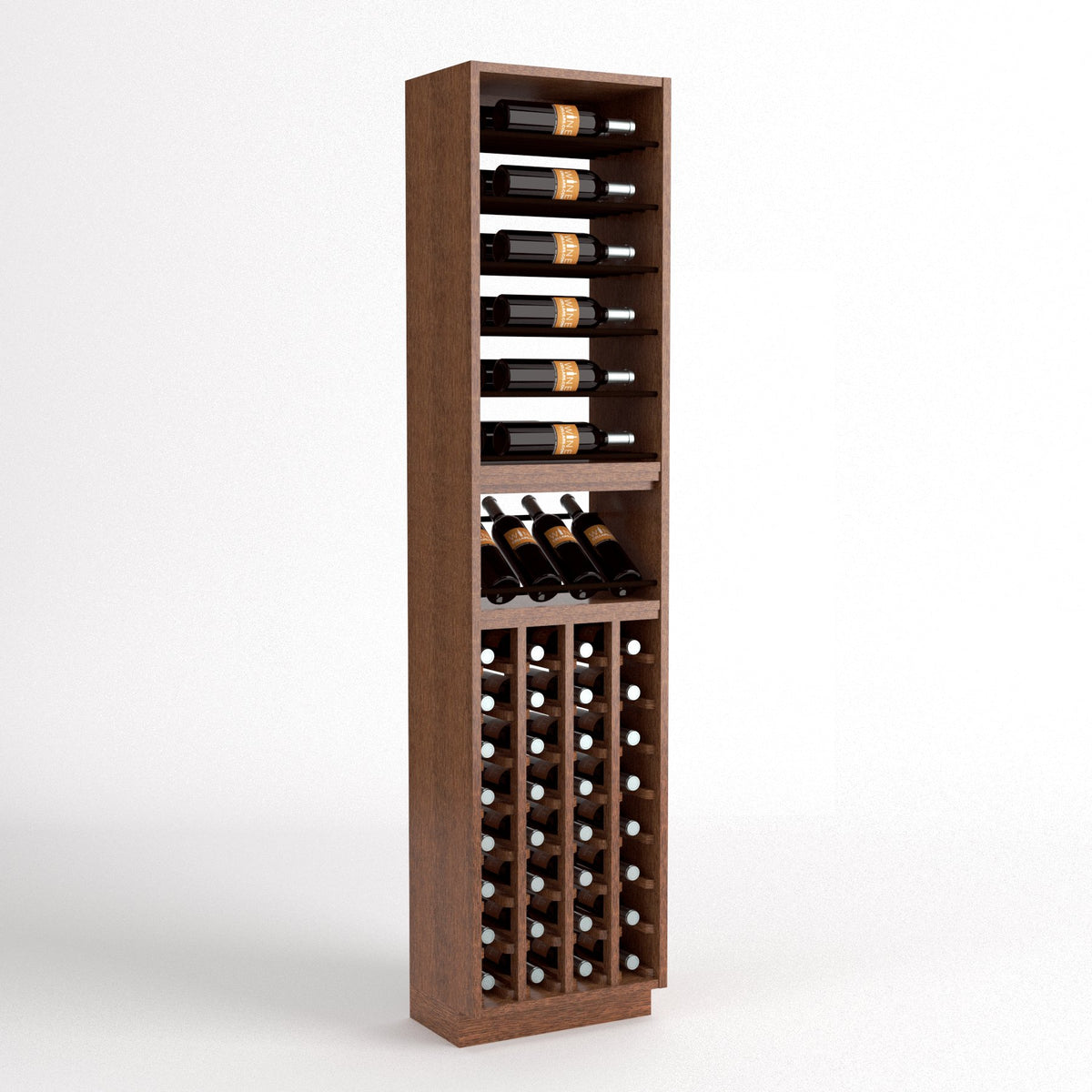 Free-standing wine storage rack with 4-column layout, bottle shelf, and cubby wine holders