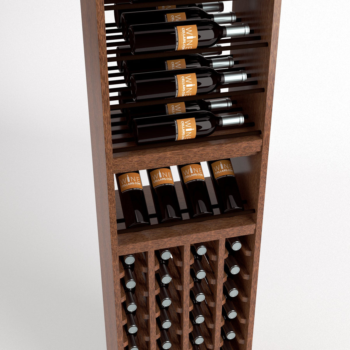 Close view of wooden wine rack showing bottle rails, wine cubbies, and dark bottle cradles