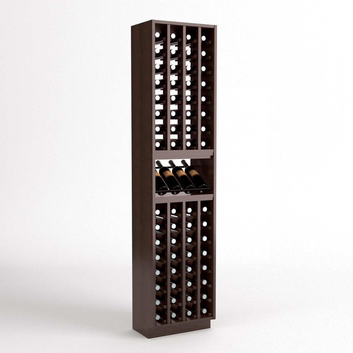 4-column wine cellar rack with bottle cubbies and top wine glass display, dark wood.