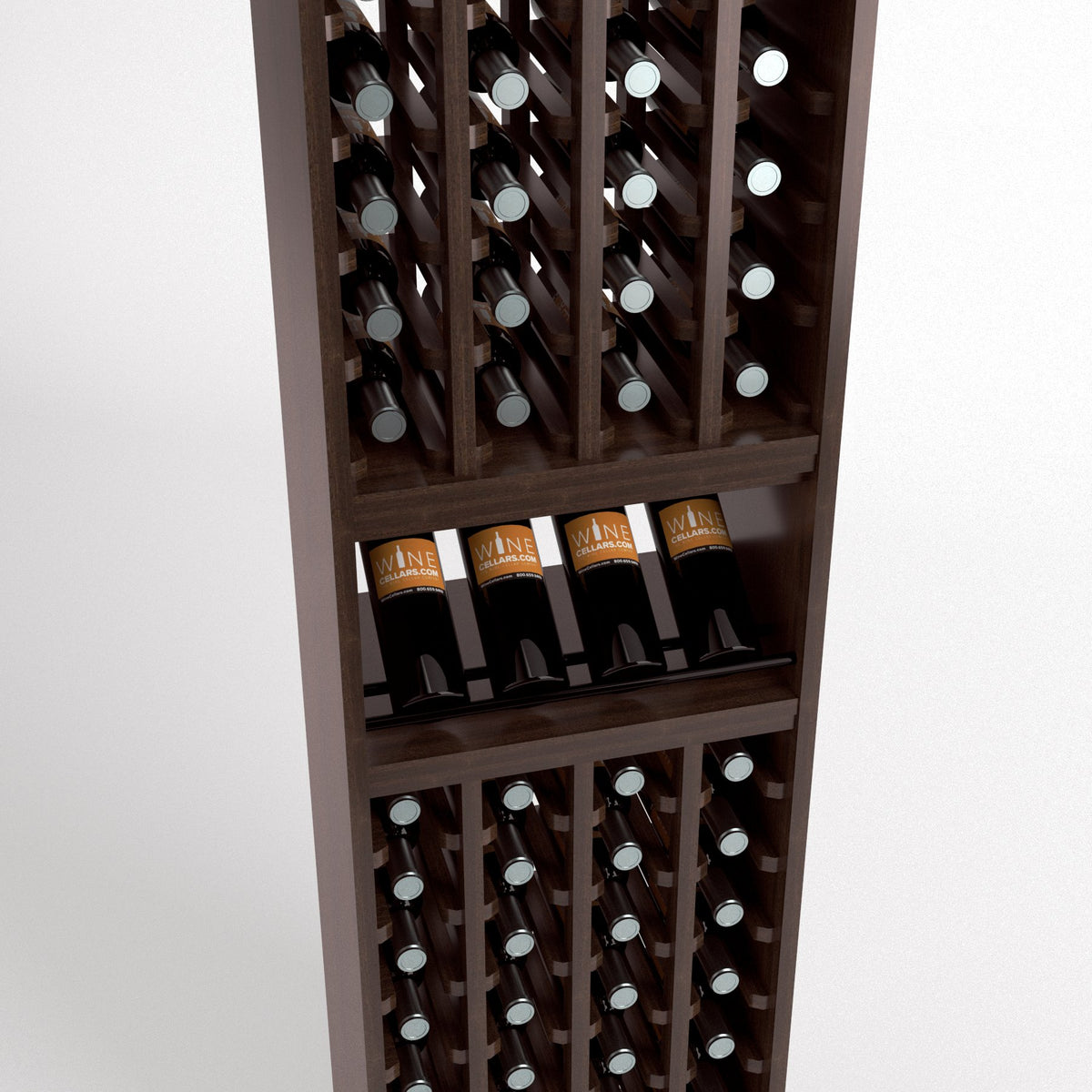 4-column wine cellar rack close-up with bottle cubbies, wine glass shelf, dark wood.