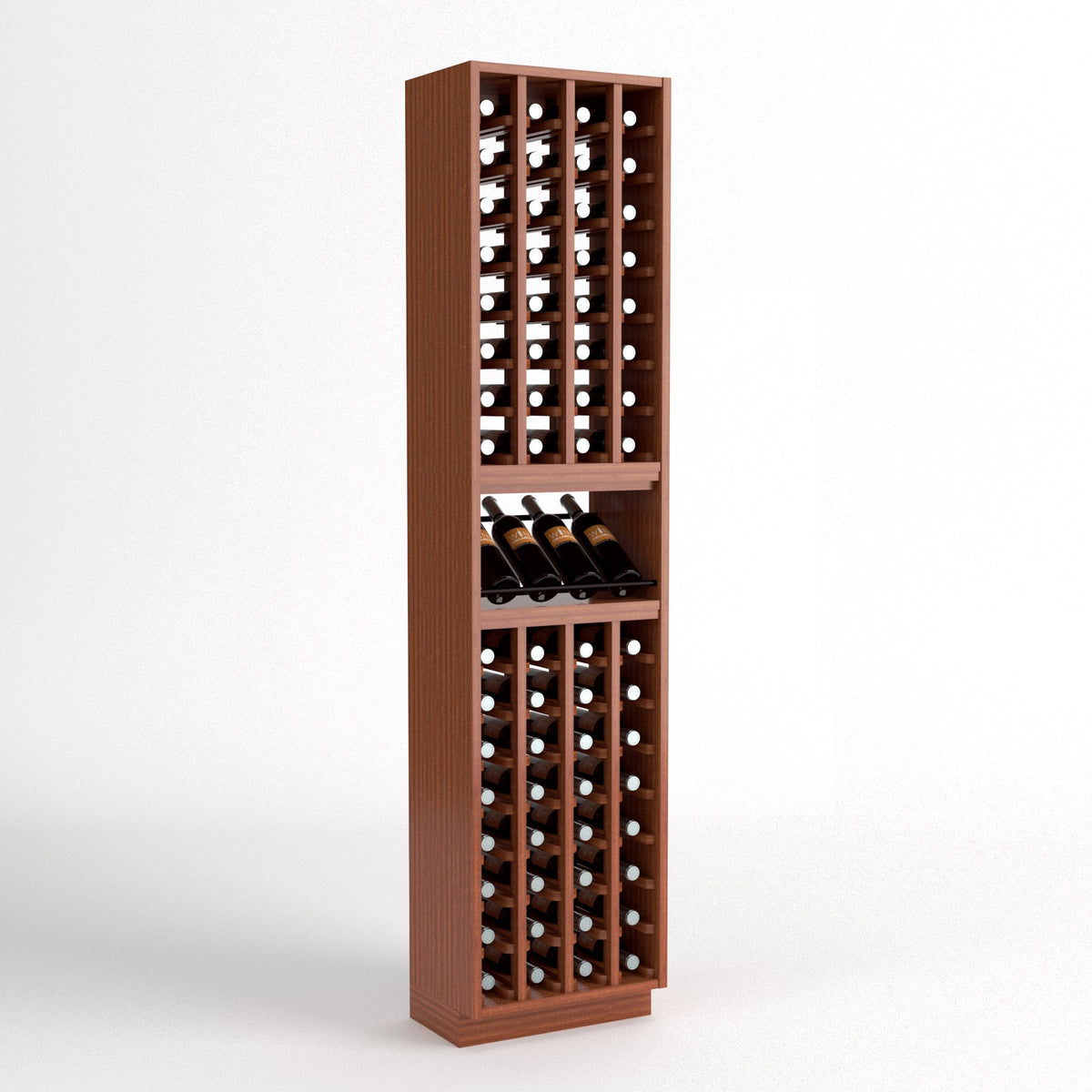 4-column wine cellar rack with bottle cubbies and top wine glass display, light wood.