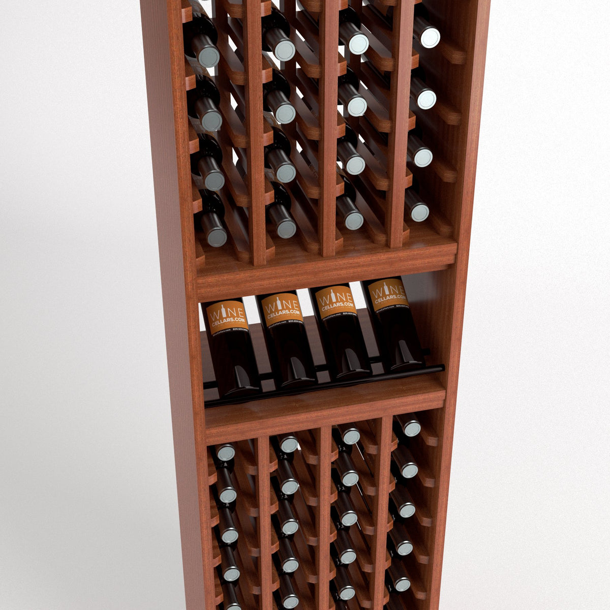 4-column wine cellar rack close-up with bottle cubbies, wine glass shelf, medium wood.