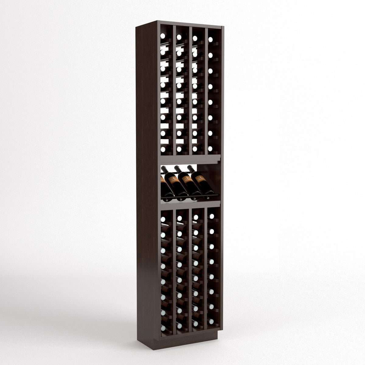 4-column wine cellar rack with bottle cubbies and top wine glass display, dark brown wood.