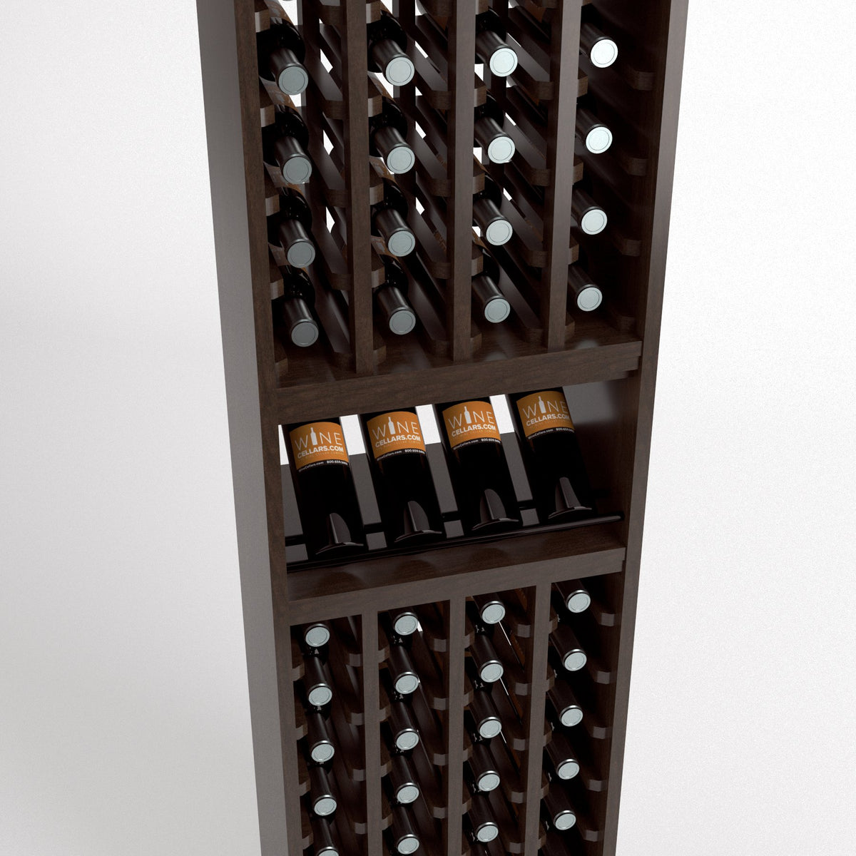 4-column wine cellar rack close-up with bottle cubbies, wine glass shelf, dark brown wood.