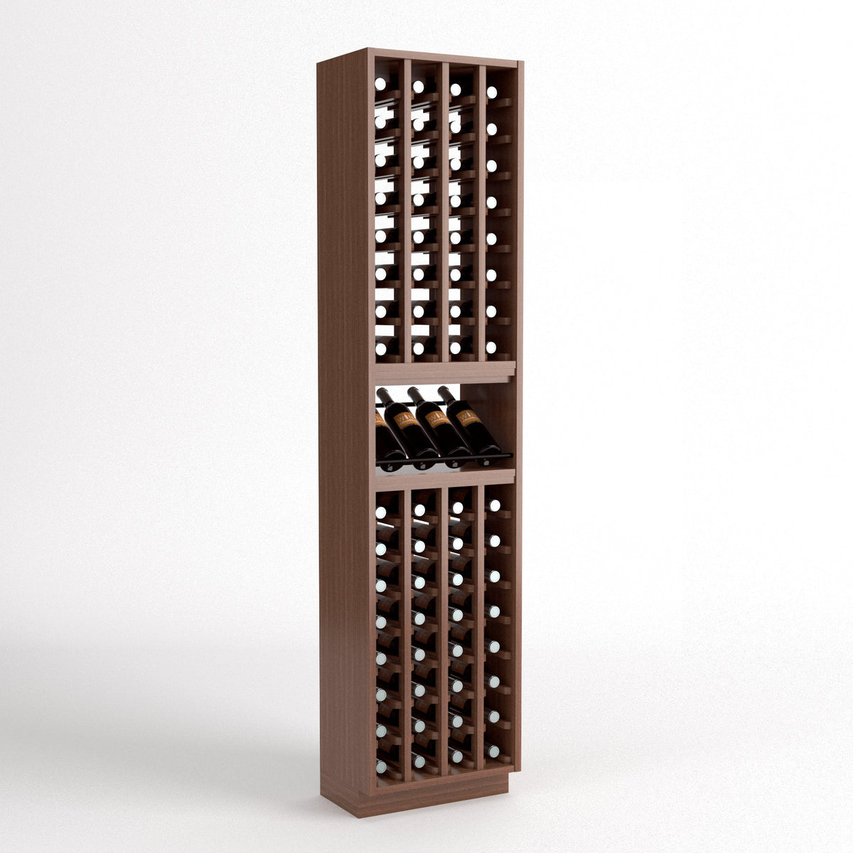 4-column wine cellar rack with bottle cubbies and top wine glass display, walnut-toned wood.