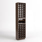 Tall dark wood wine cellar rack with four-column bottle storage and a top tray shelf