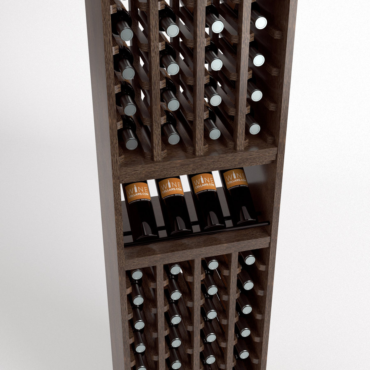 Close-up front of a wood wine rack showing bottle slots, a wine bottle tray, and lower cubbies