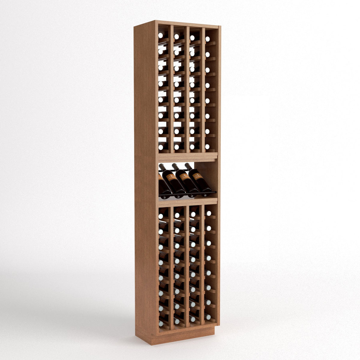 Tall light wood wine cellar rack with four-column bottle slots and a small bottle tray shelf