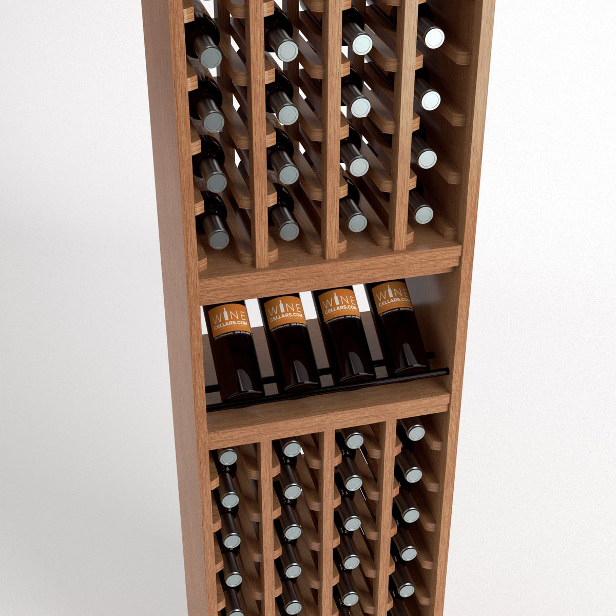 Front view of a light wood wine rack with bottle cubbies, a front wine tray, and lower rows