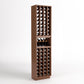 Tall dark brown wine cellar rack with four-column bottle storage and a top bottle tray