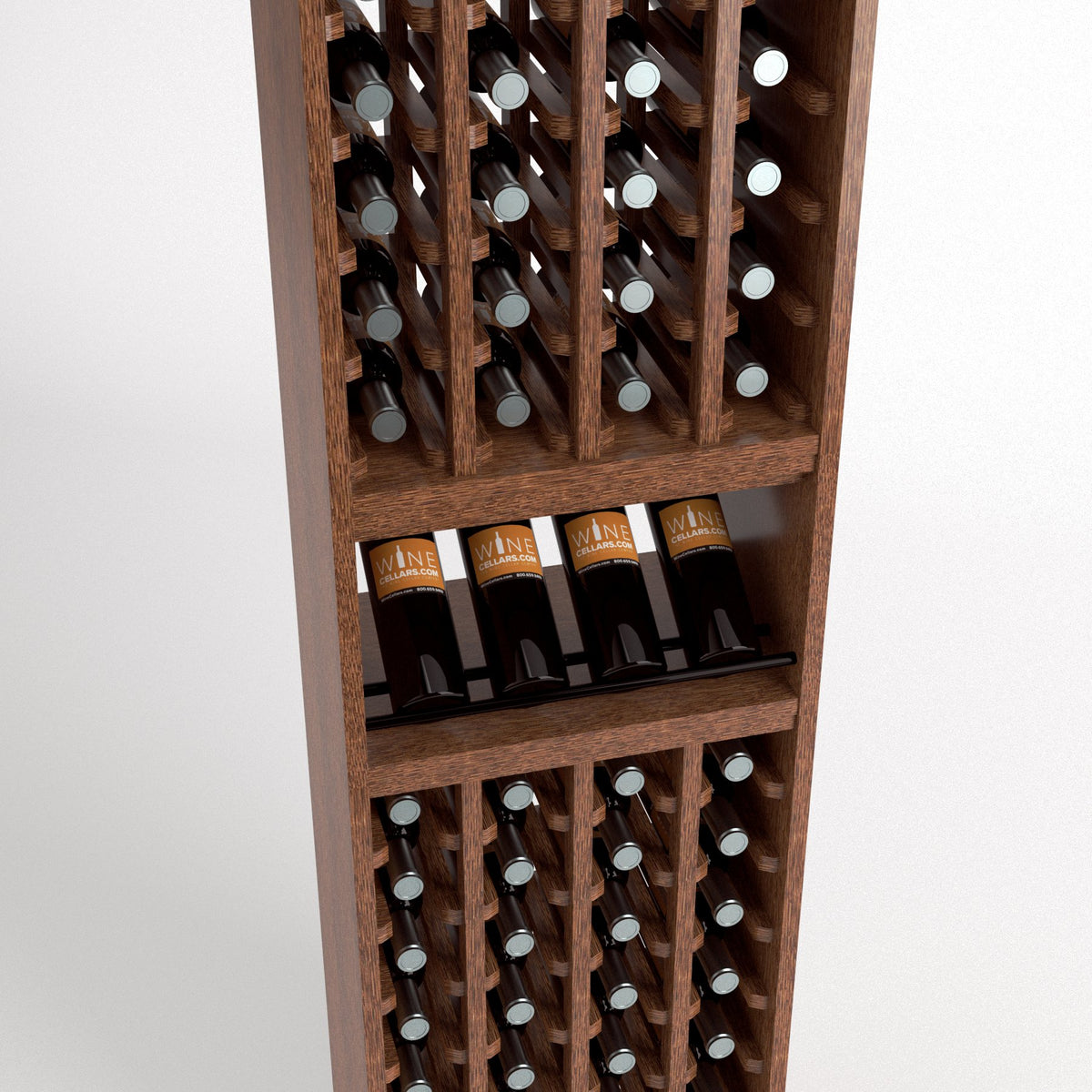 Front view of a dark wood wine rack with bottle slots, a front row wine tray, and lower cubbies