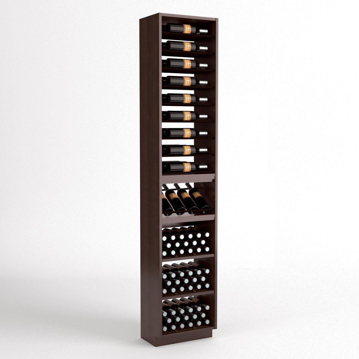 Tall wine bottle storage unit with 4-column rails, wood racks, and lower wine cubby sections