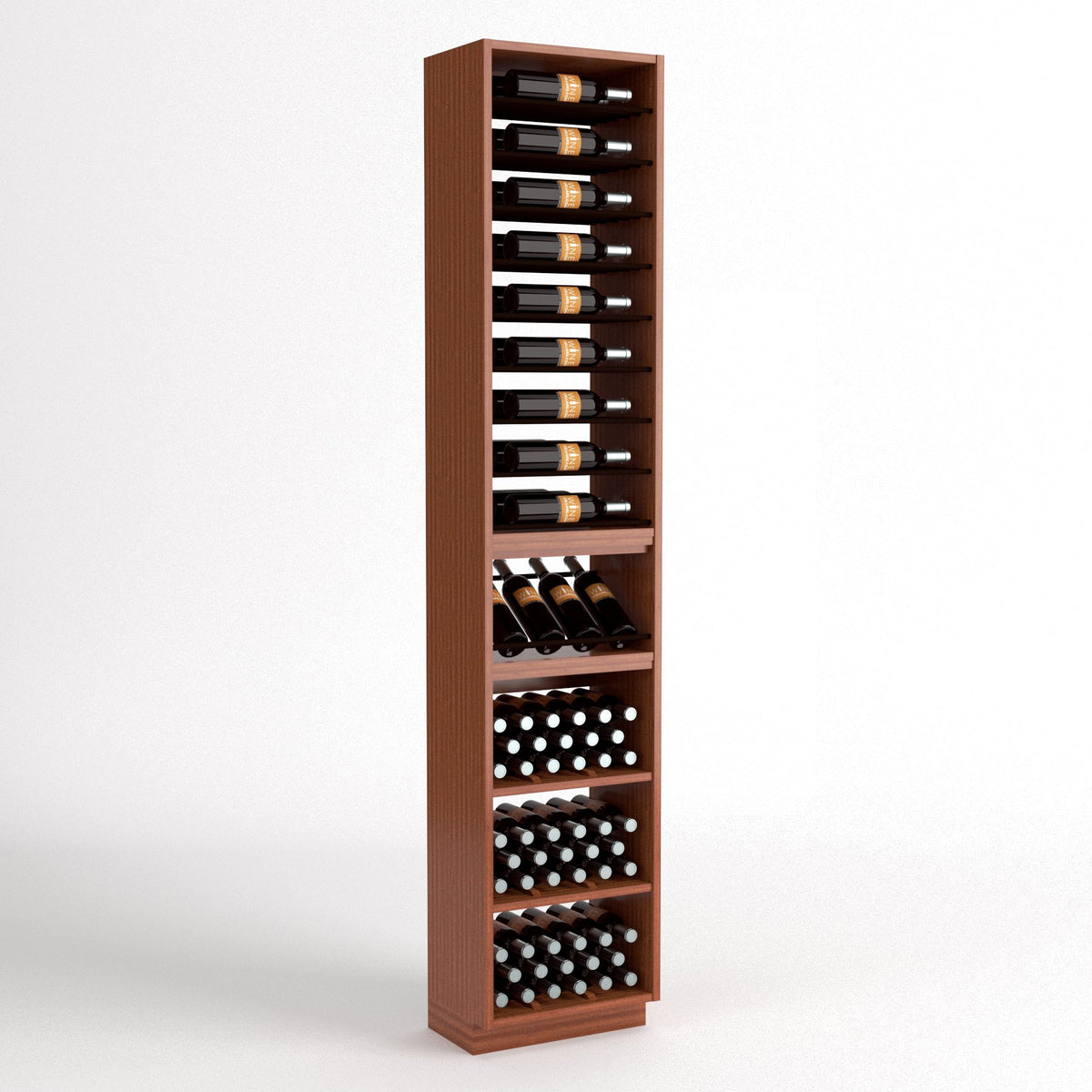Tall light-wood wine rack with bottle rails and stacked wine bottle bins for cork storage