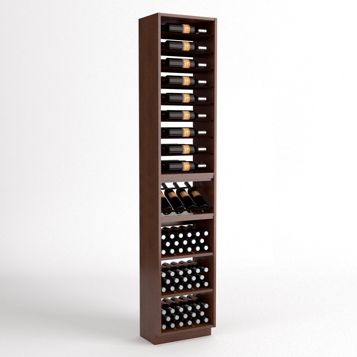 Tall light-wood wine rack with bottle rails, wine bins, and front cork bottle storage
